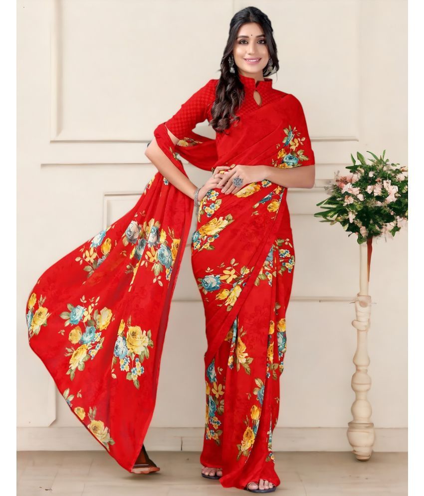     			TTH Georgette Printed Saree With Blouse Piece ( Red , Pack of 1 )