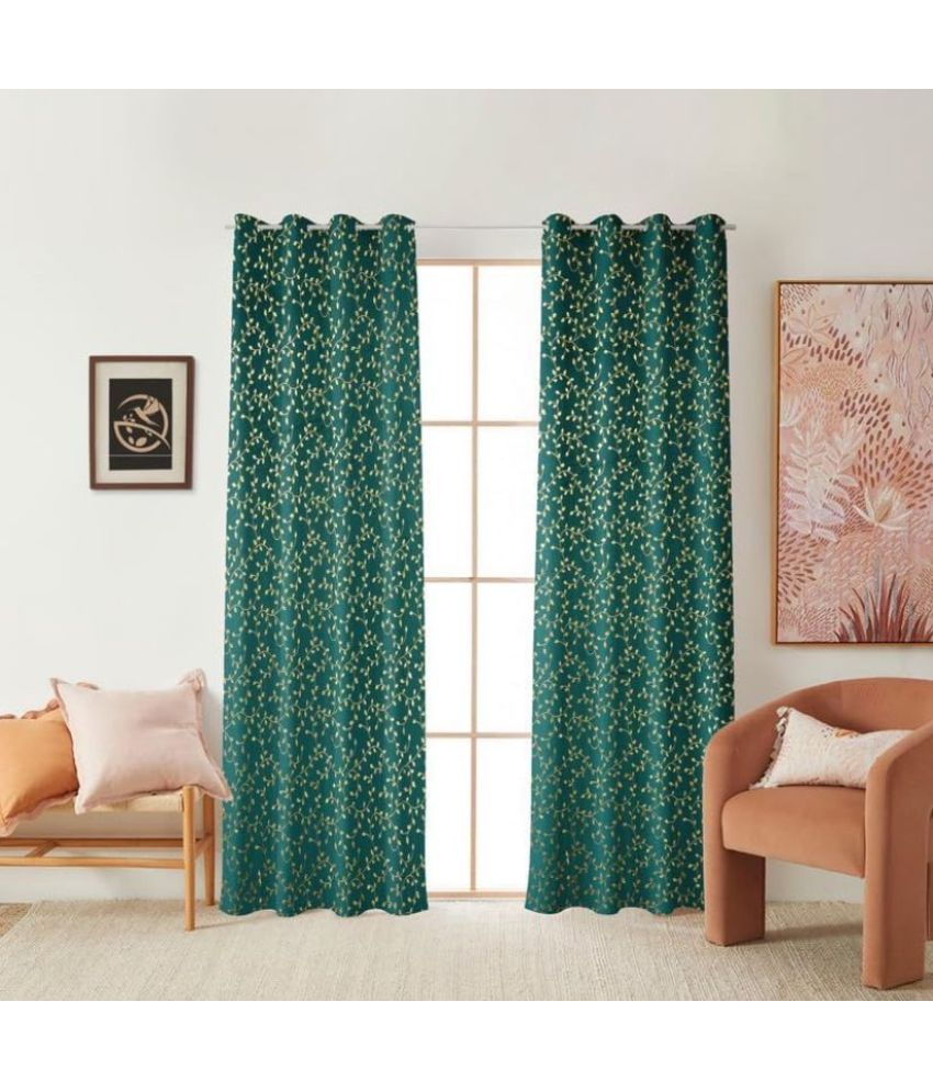     			WI Floral Printed Blackout Eyelet Curtain 5 ft ( Pack of 2 ) - Aqua