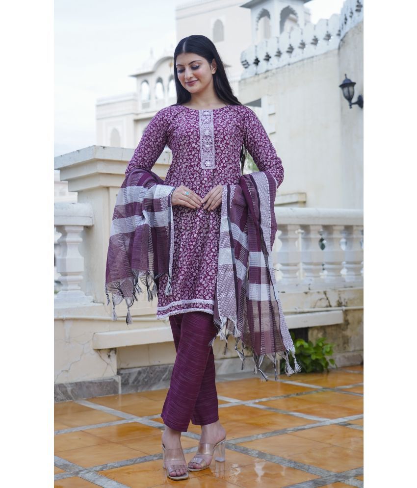     			anushansa Cotton Blend Embroidered Kurti With Pants Women's Stitched Salwar Suit - Wine ( Pack of 1 )