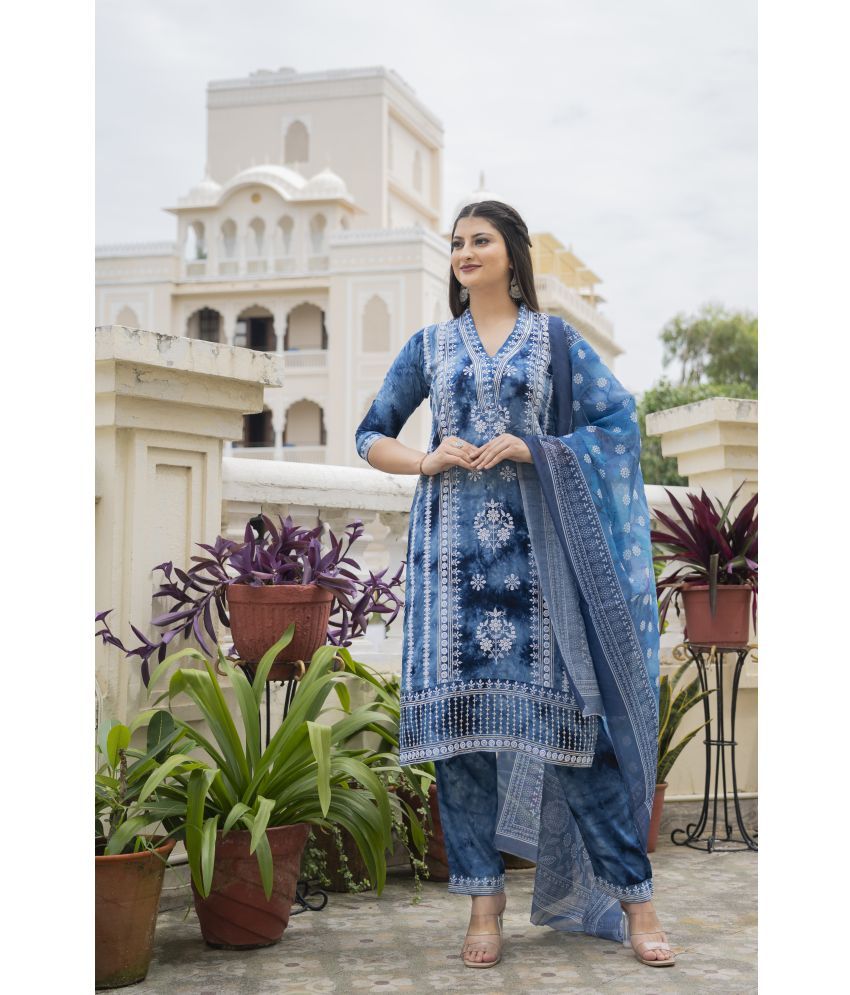     			anushansa Viscose Embroidered Kurti With Pants Women's Stitched Salwar Suit - Blue ( Pack of 1 )