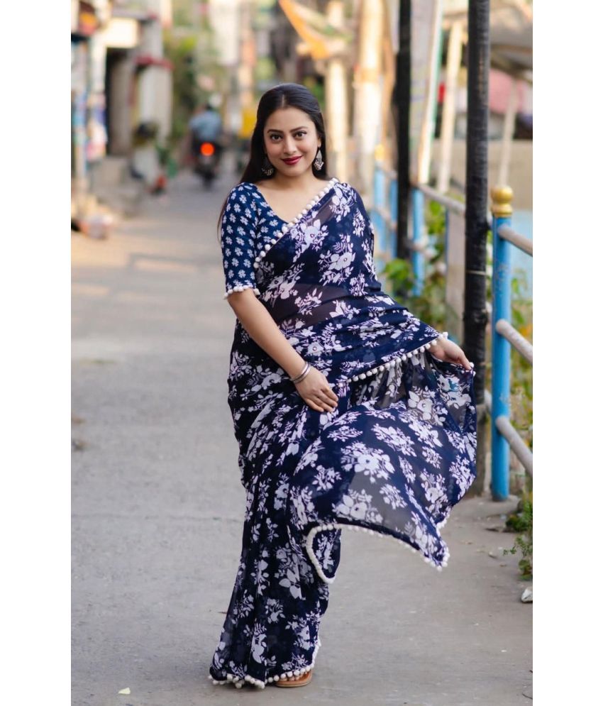     			fvd Georgette Printed Saree With Blouse Piece ( Blue , Pack of 1 )