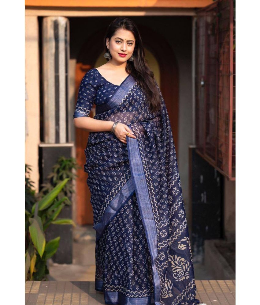     			fvd Linen Printed Saree With Blouse Piece ( Blue , Pack of 1 )