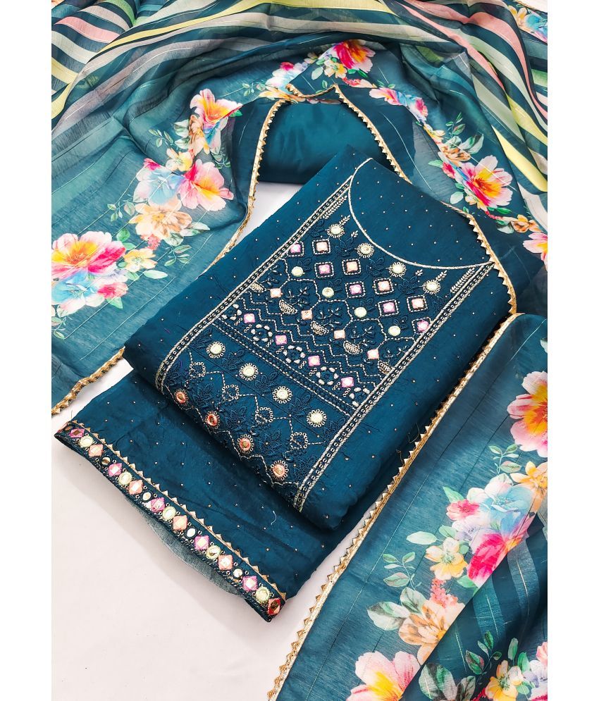     			tavas Unstitched Chanderi Embroidered Dress Material - Dark Blue ( Pack of 1 )