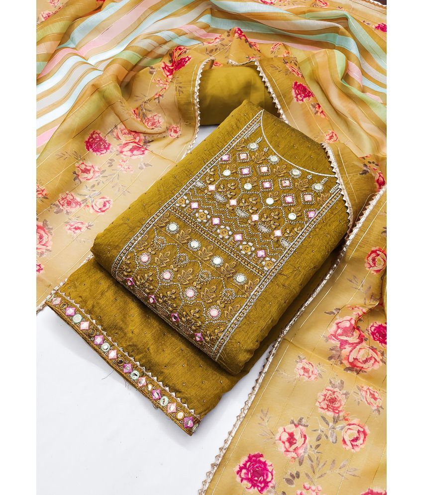     			tavas Unstitched Chanderi Embroidered Dress Material - Mustard ( Pack of 1 )