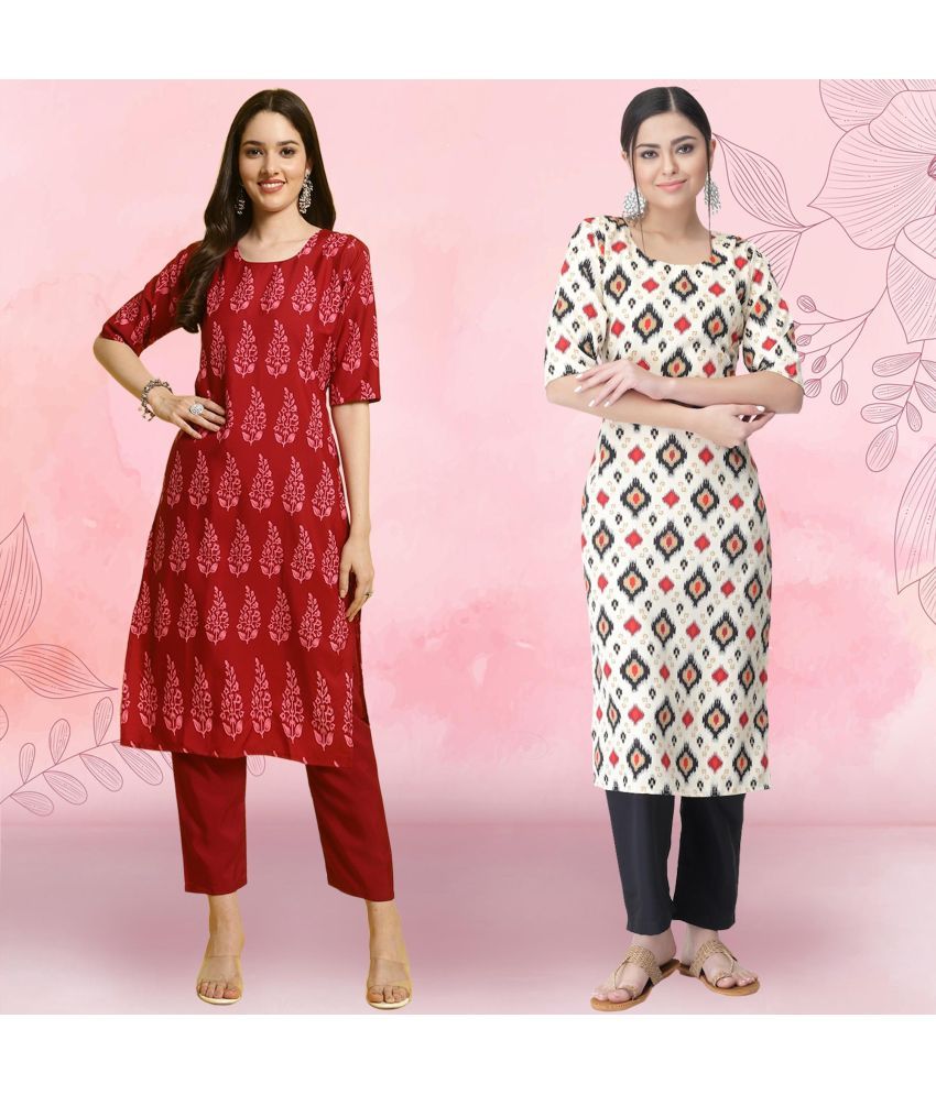     			Ethnicbasket Pack of 2 Crepe Printed Straight Women's Kurti - ( Multicolor3 )