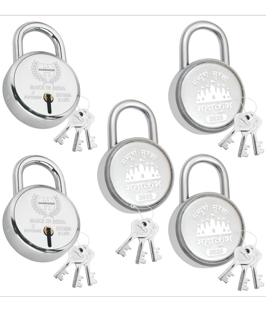     			Harrison Padlocks Mahakumbh Special 5 Padlock Set J-SUPREME-50MM with 15 Keys/Mild Steel Material/Bright Chrome Plated Finish/Door Lock, Shutter Lock, Godown Lock-0676