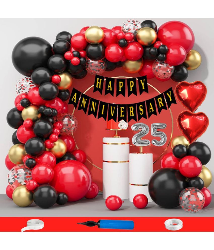     			CRAZYKART 25th Happy Anniversary Decoration Items Kit Combo For Wedding Party Decoration Pack Of 90 Pcs Red Black Gold