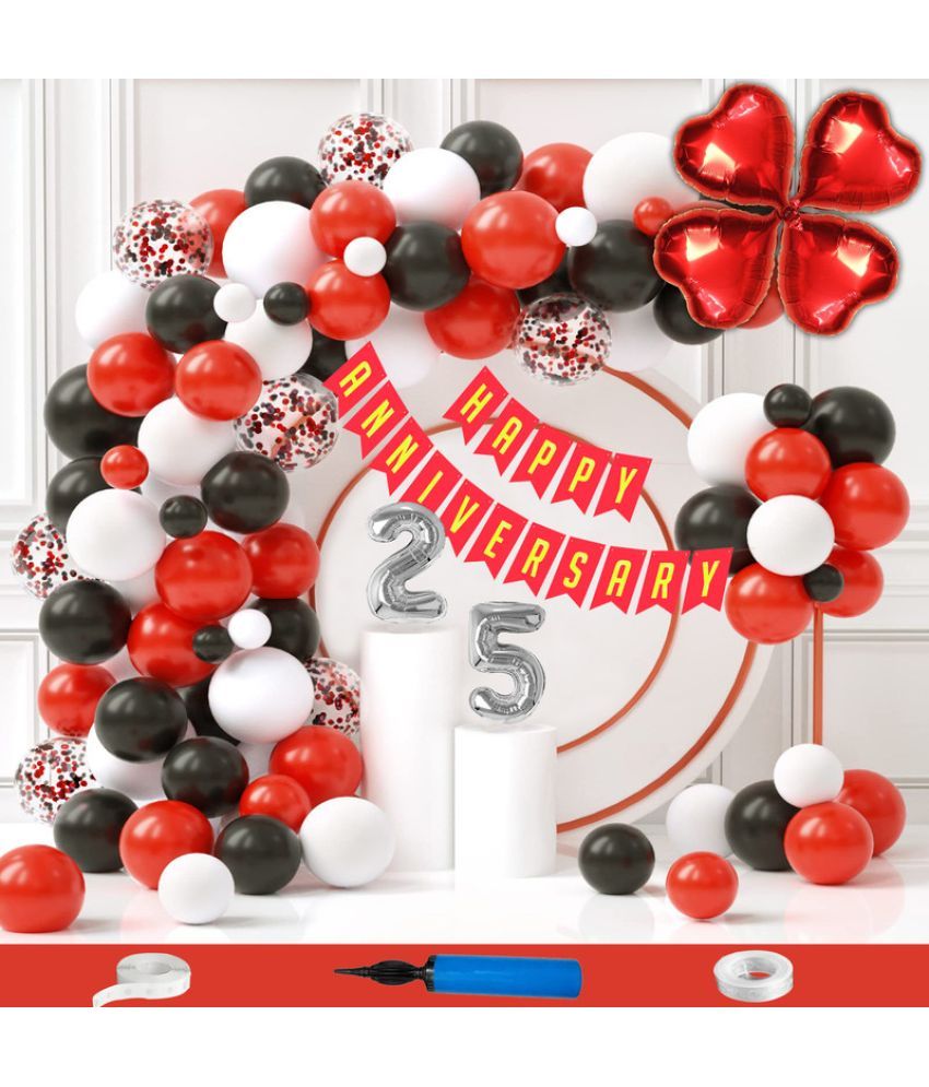     			CRAZYKART 25th Happy Anniversary Decoration Items Kit Combo For Wedding Party Decoration Pack Of 90 Pcs Red Black White