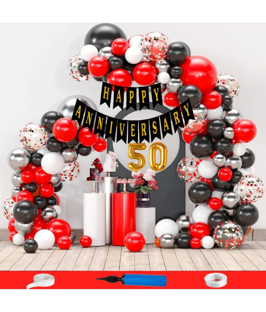     			CRAZYKART 50th Happy Anniversary Decoration Items Kit Combo For Wedding Party Decoration Pack Of 111 Pcs Red Black White Silver