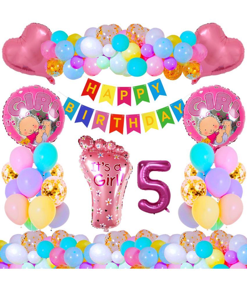     			CRAZYKART Baby Foot Theme Fifth 5th Birthday Decoration Items For Girls Party Decoration Kit Balloon Combo Pack Of 37 Pcs Pink