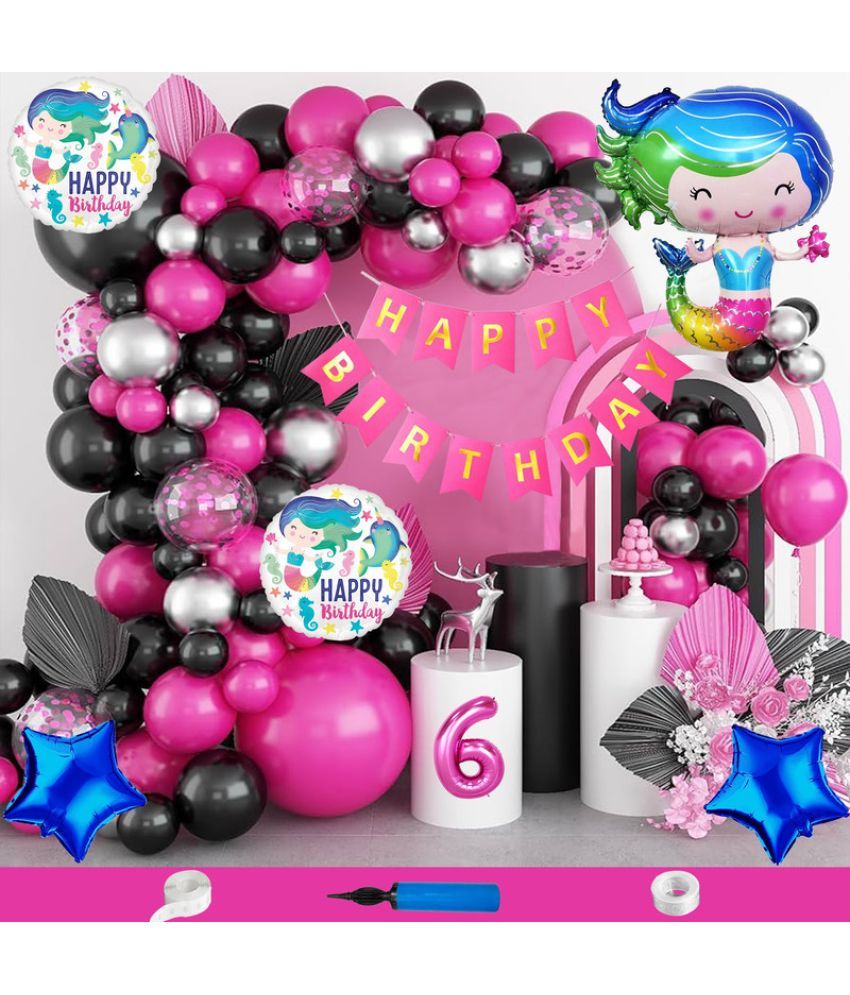     			CRAZYKART Baby Mermaid Theme Sixth 6th Birthday Decoration Items For Girls Party Decoration Kit Balloon Combo Pack Of 90 Pcs Pink