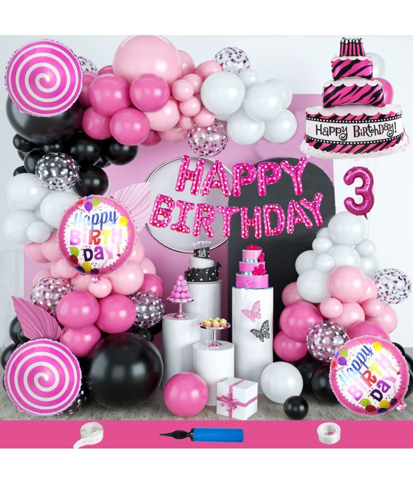     			CRAZYKART Cake Theme Third 3rd Birthday Decoration Items For Girls Party Decoration Kit Balloon Combo Pack Of 115 Pcs Pink