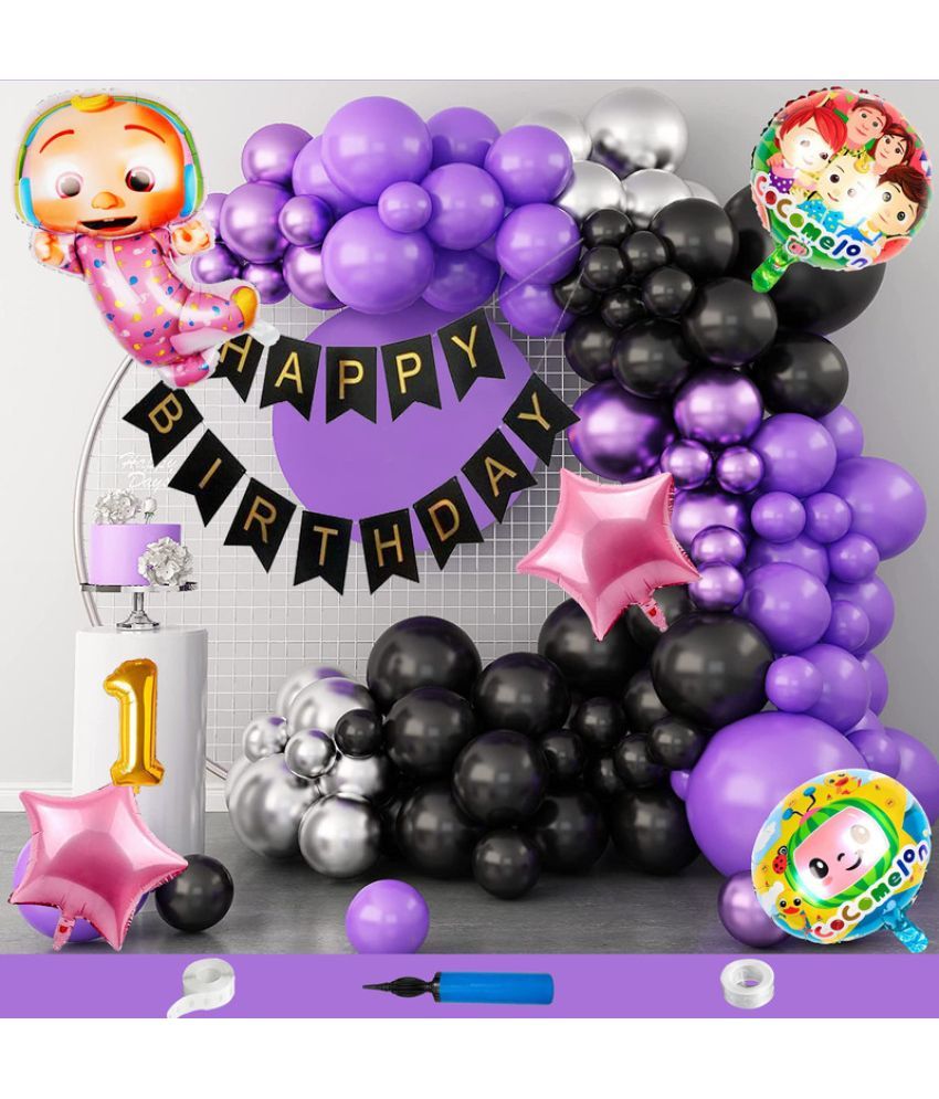     			CRAZYKART Cocomelon Theme First 1st Birthday Decoration Items For Girls Party Decoration Kit Balloon Combo Pack Of 110 Pcs Purple