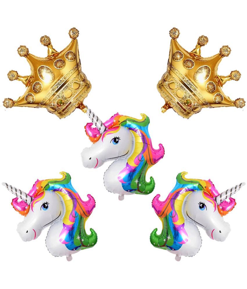     			CRAZYKART Crown Unicorn Theme Foil Balloon Set For Girls Boys Birthday Party Decoration Items Pack Of 5 Pcs Gold