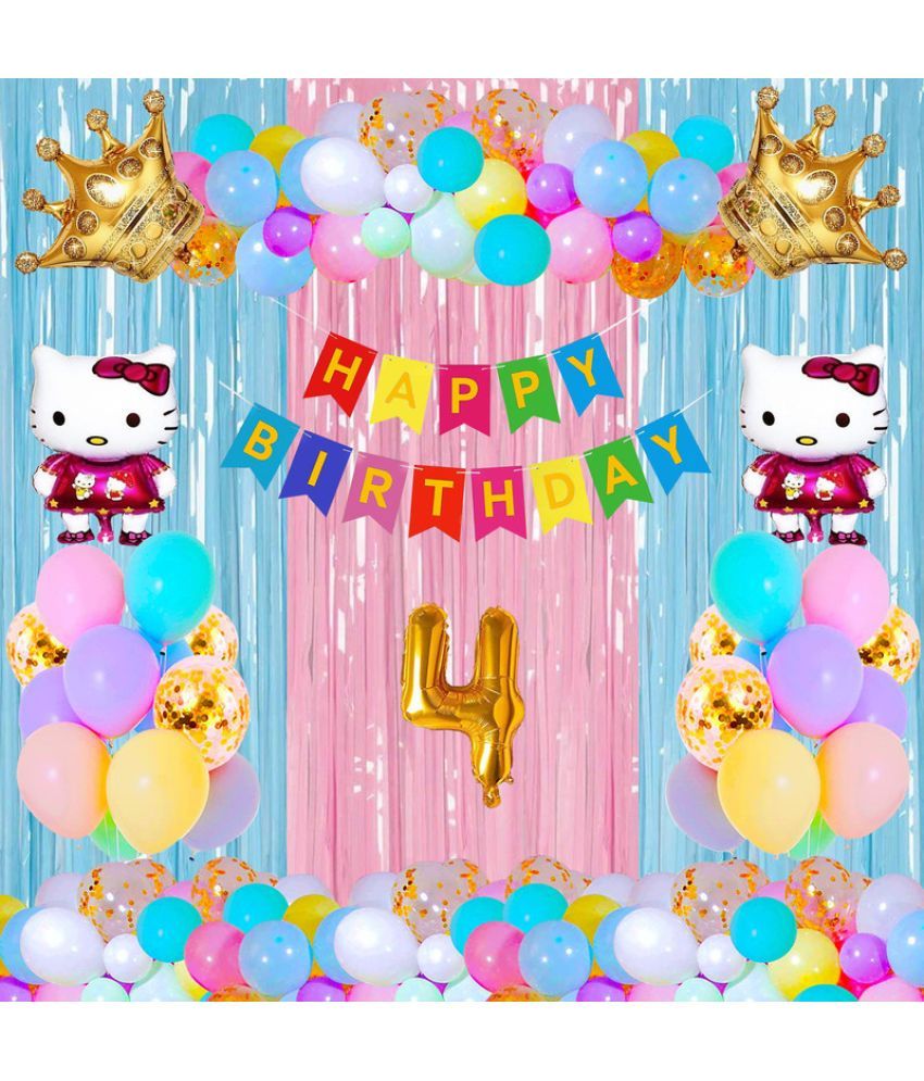     			CRAZYKART Hello Kitty Crown Theme Fourth 4th Birthday Decoration Items For Boys Party Decoration Kit Balloon Combo Pack Of 39 Pcs Gold