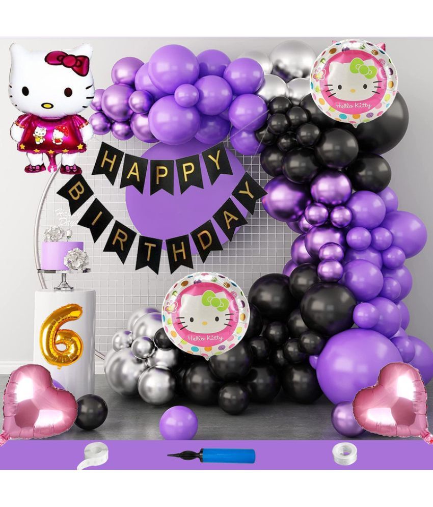     			CRAZYKART Hello Kitty Theme Sixth 6th Birthday Decoration Items For Girls Party Decoration Kit Balloon Combo Pack Of 110 Pcs Purple