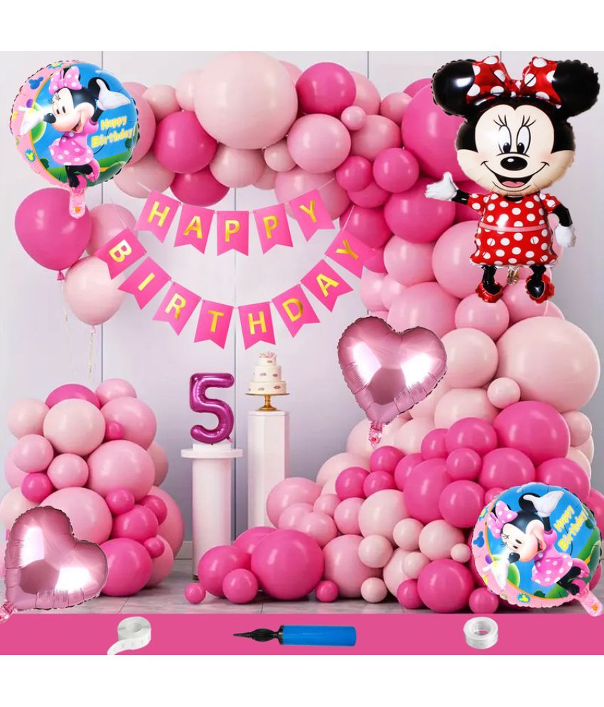     			CRAZYKART Minnie Mouse Theme Fifth 5th Birthday Decoration Items For Girls Party Decoration Kit Balloon Combo Pack Of 110 Pcs Pink