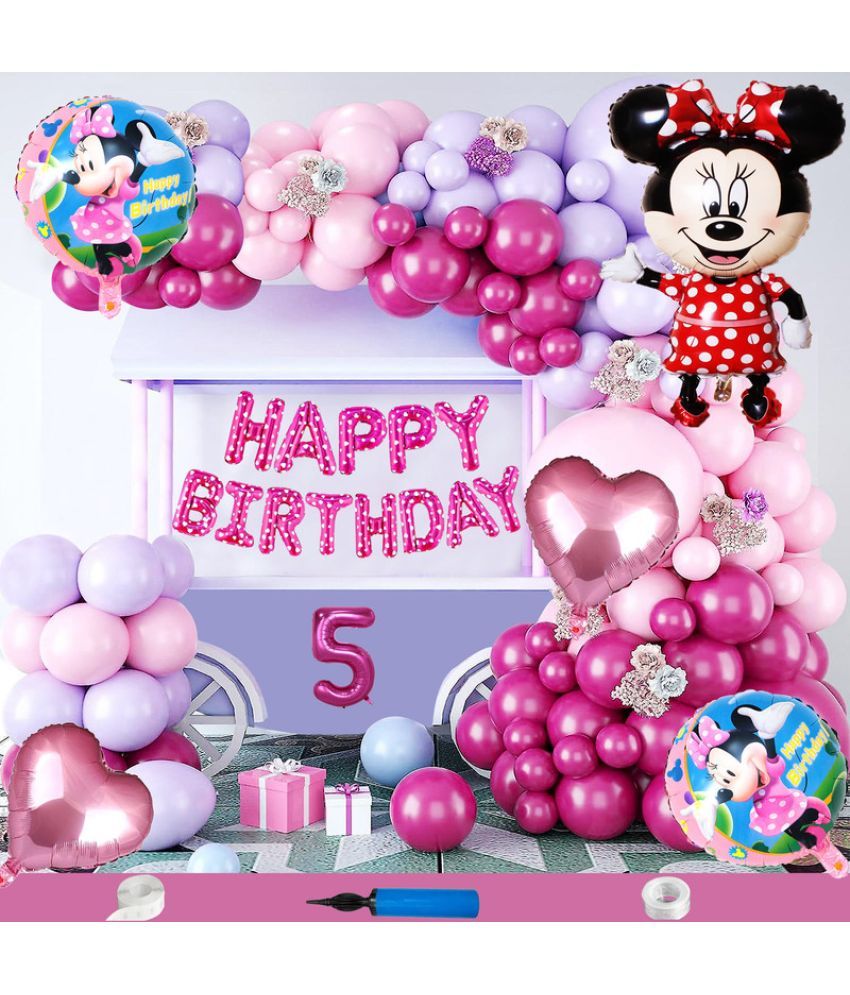     			CRAZYKART Minnie Mouse Theme Fifth 5th Birthday Decoration Items For Girls Party Decoration Kit Balloon Combo Pack Of 85 Pcs Pink