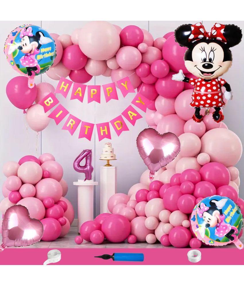     			CRAZYKART Minnie Mouse Theme Fourth 4th Birthday Decoration Items For Girls Party Decoration Kit Balloon Combo Pack Of 110 Pcs Pink