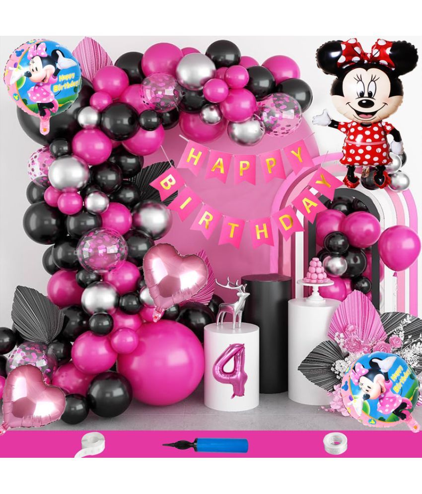     			CRAZYKART Minnie Mouse Theme Fourth 4th Birthday Decoration Items For Girls Party Decoration Kit Balloon Combo Pack Of 90 Pcs Pink