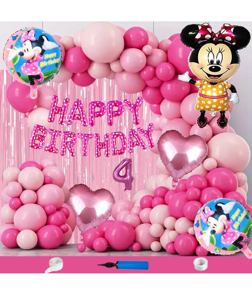     			CRAZYKART Minnie Mouse Theme Fourth 4th Birthday Decoration Items For Girls Party Decoration Kit Balloon Combo Pack Of 112 Pcs Pink