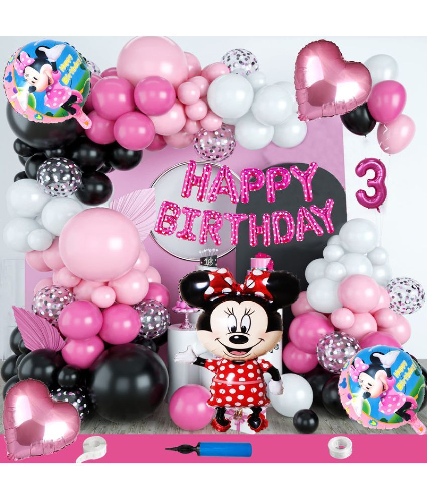     			CRAZYKART Minnie Mouse Theme Third 3rd Birthday Decoration Items For Girls Party Decoration Kit Balloon Combo Pack Of 115 Pcs Pink