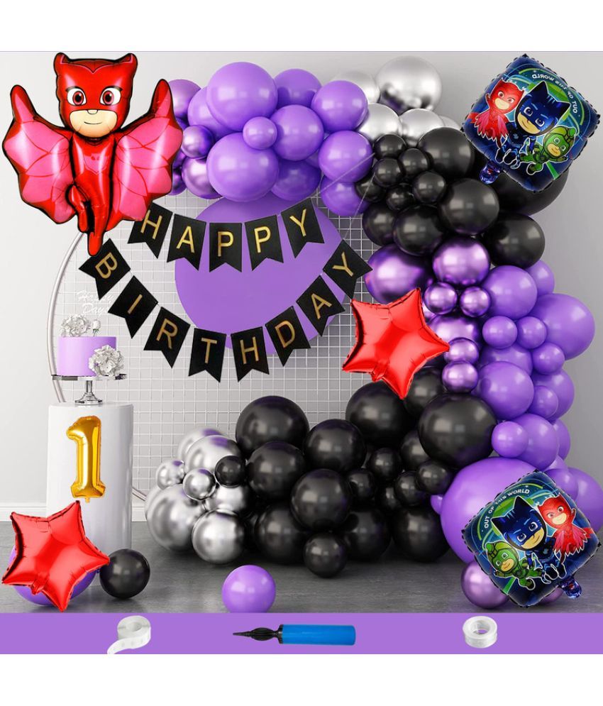     			CRAZYKART Pj Mask Theme First 1st Birthday Decoration Items For Girls Party Decoration Kit Balloon Combo Pack Of 110 Pcs Purple