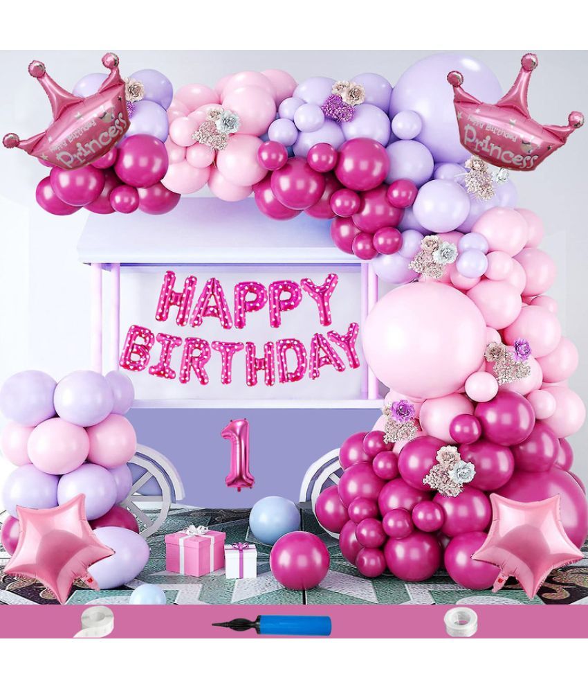     			CRAZYKART Princess Crown Star Theme First 1st Birthday Decoration Items For Girls Party Decoration Kit Balloon Combo Pack Of 84 Pcs Pink