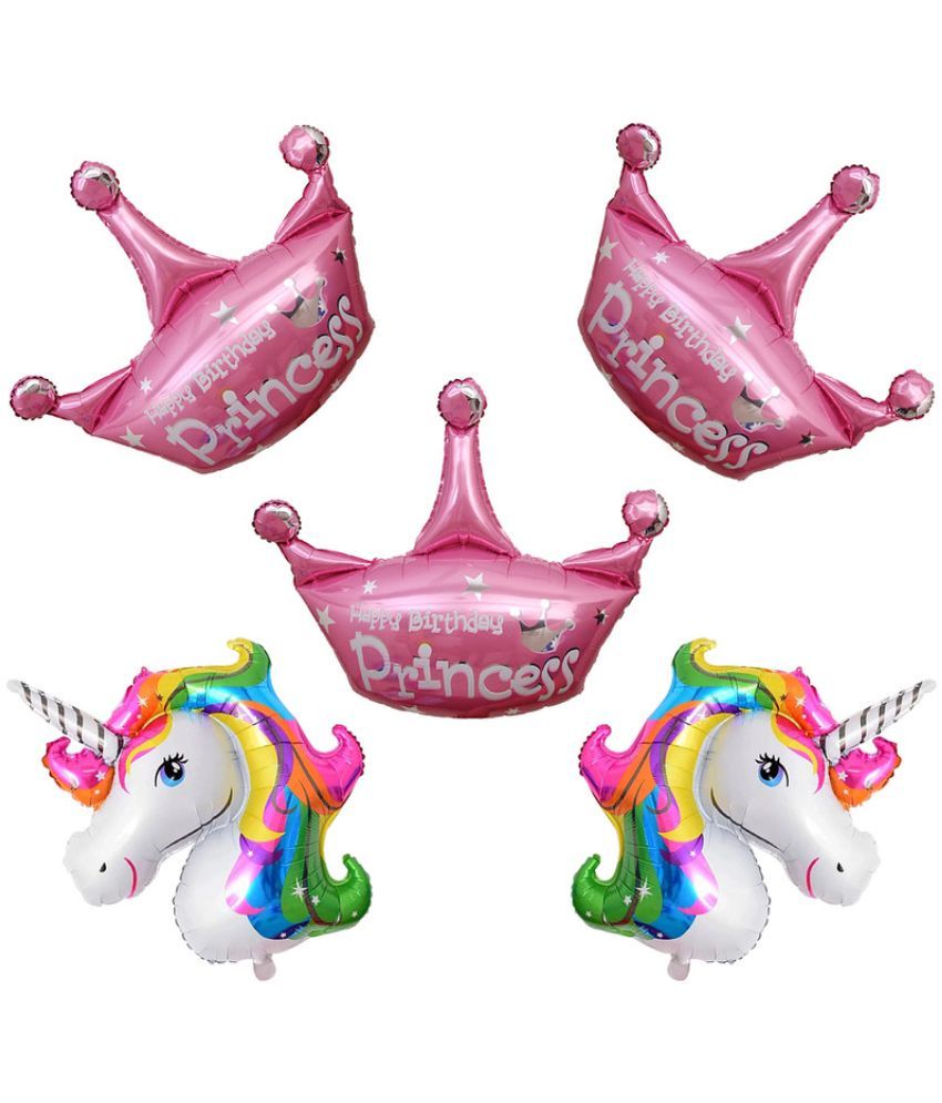     			CRAZYKART Princess Crown Unicorn Theme Foil Balloon Set For Girl Birthday Party Decoration Items Pack Of 5 Pcs Pink