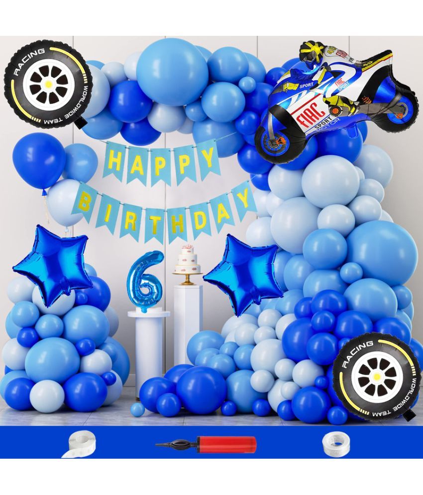     			CRAZYKART Racing Bike Theme Sixth 6th Birthday Decoration Items For Boys Party Decoration Kit Balloon Combo Pack Of 110 Pcs Blue