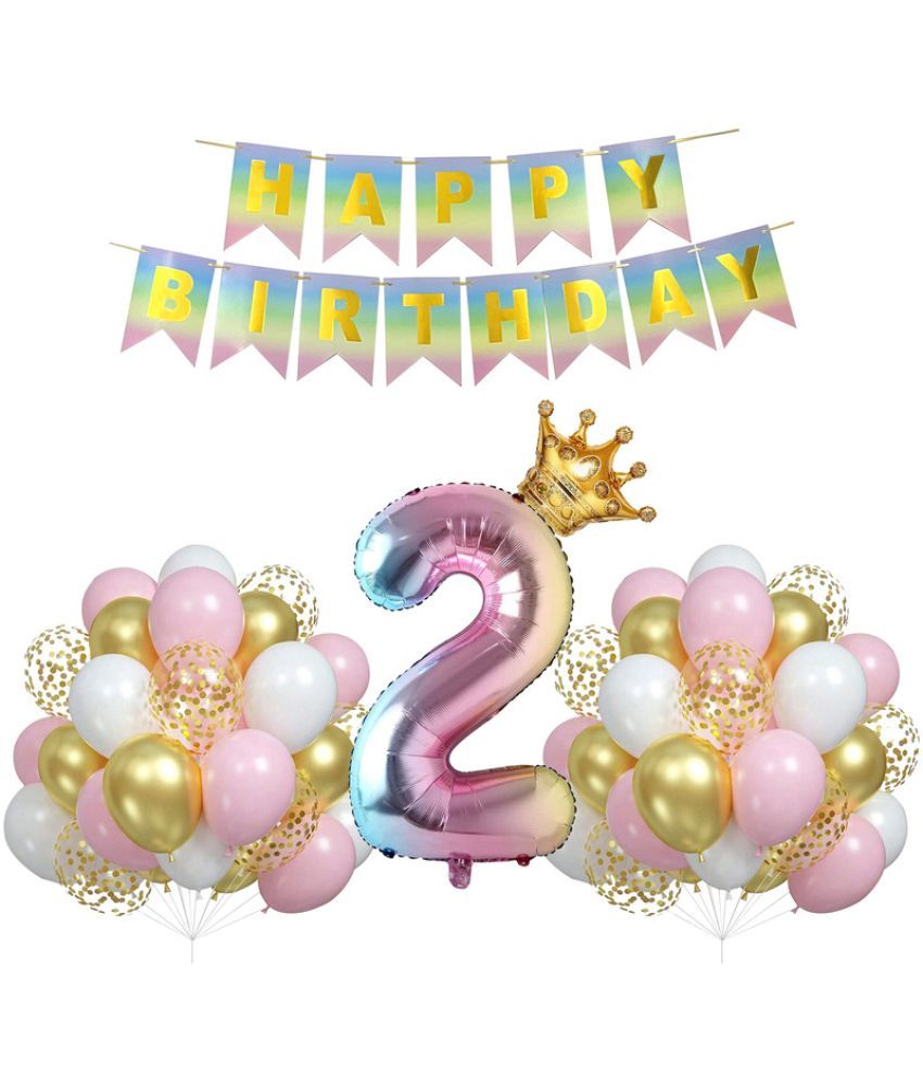     			CRAZYKART Rainbow Shade Number Crown Theme Second 2nd Birthday Decoration Items For Girls Party Decoration Kit Balloon Combo Pack Of 38 Pcs Multicolor