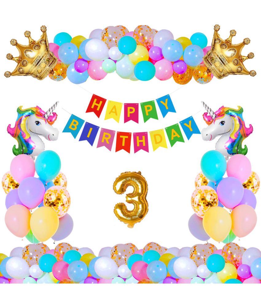     			CRAZYKART Unicorn Crown Theme Third 3rd Birthday Decoration Items For Boys Party Decoration Kit Balloon Combo Pack Of 36 Pcs Gold