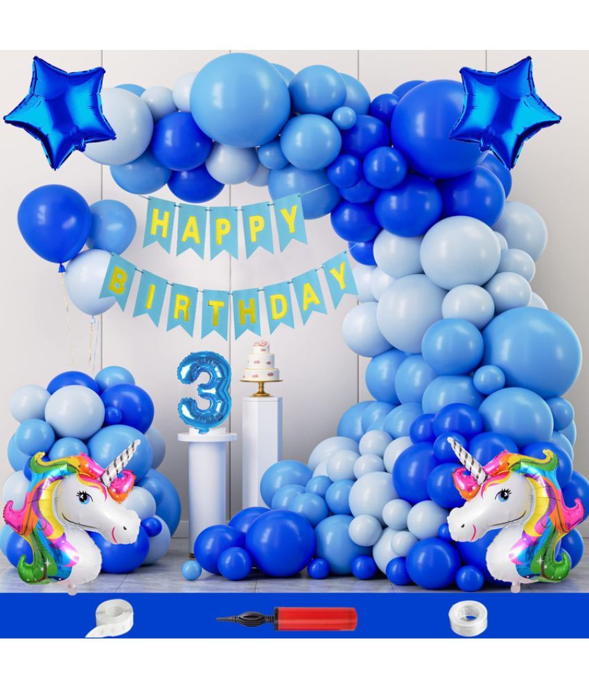     			CRAZYKART Unicorn Star Theme Third 3rd Birthday Decoration Items For Boys Party Decoration Kit Balloon Combo Pack Of 109 Pcs Blue