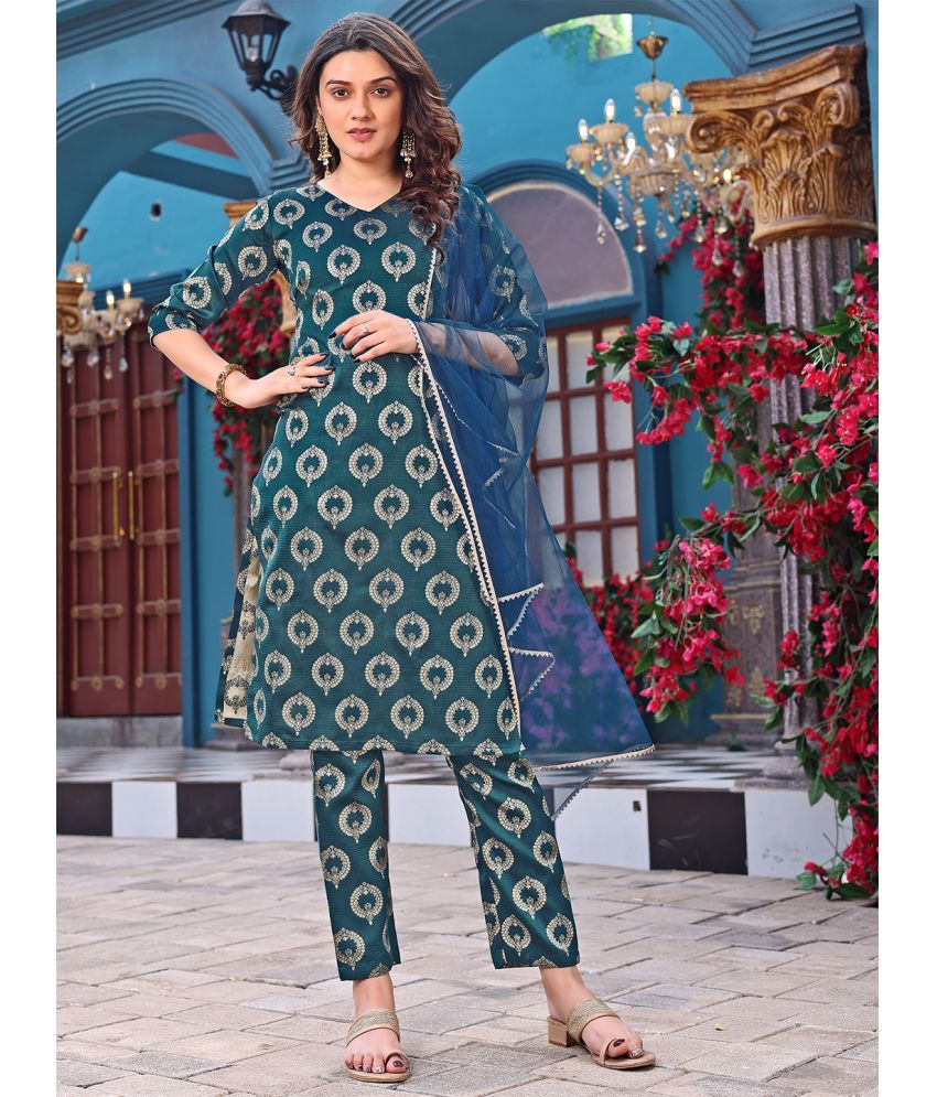     			Trijal Fab Banarasi Embellished Kurti With Pants Women's Stitched Salwar Suit - Green ( Pack of 1 )