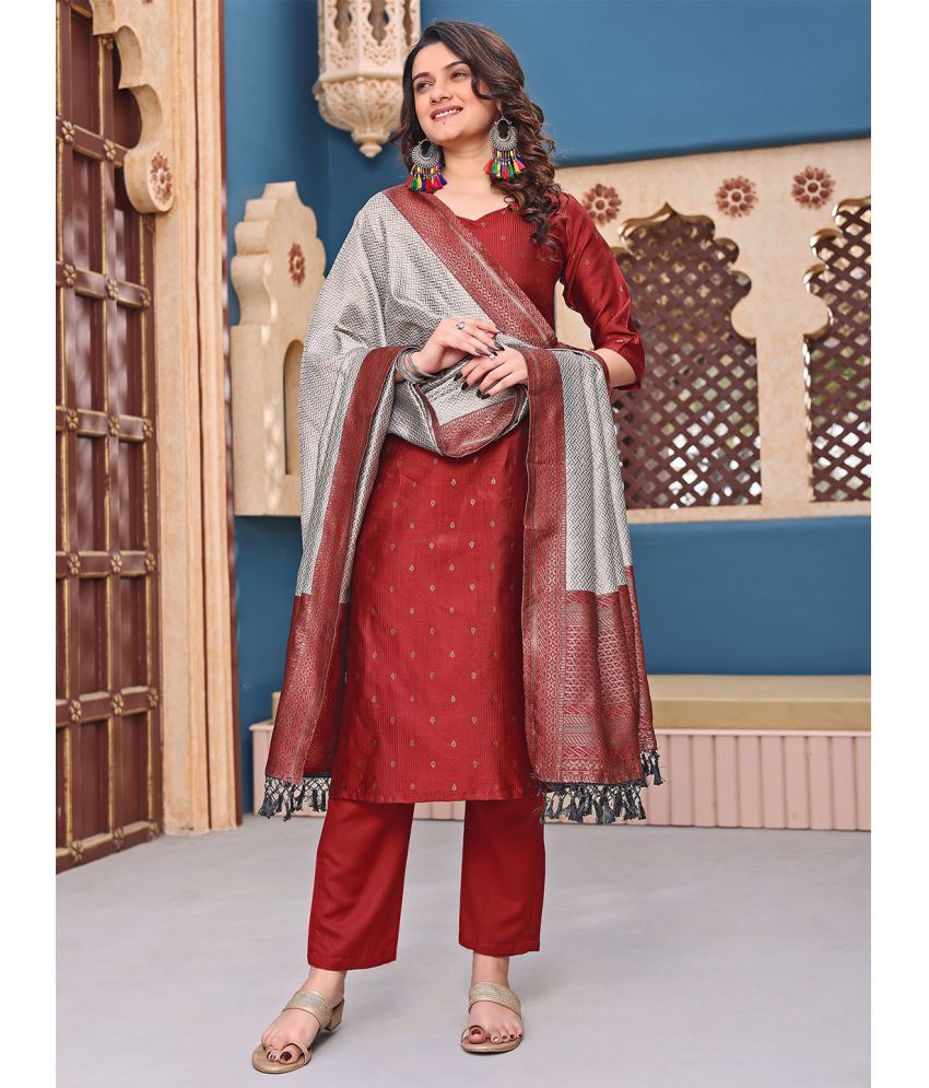     			kedar fab Banarasi Printed Kurti With Pants Women's Stitched Salwar Suit - Maroon ( Pack of 1 )