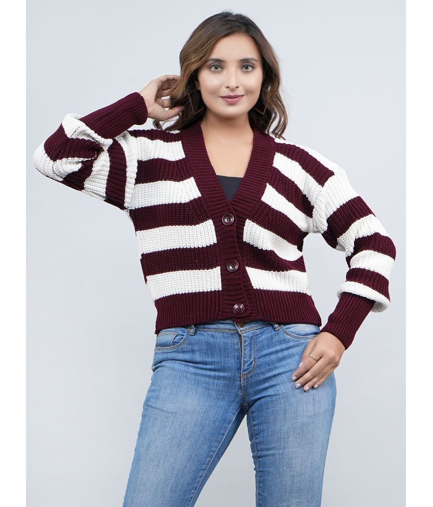     			FEVERFEW Acro Wool V Neck Women's Buttoned Cardigans - Maroon ( Single )