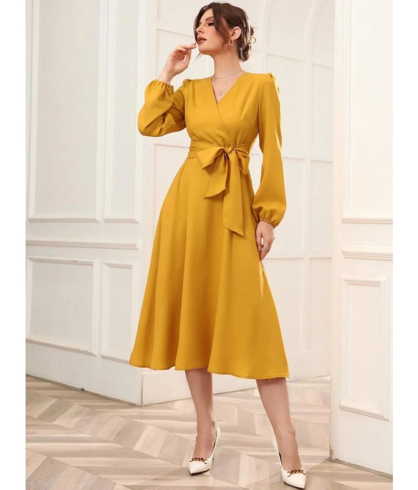     			Istyle Can Polyester Solid Calf-Length Women's Fit & Flare Dress - Mustard ( Pack of 1 )