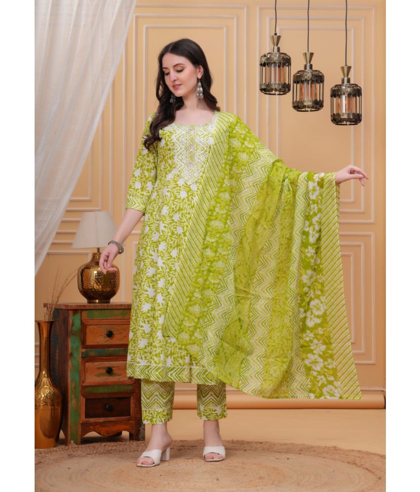     			Jyoti Cotton Blend Printed Kurti With Pants Women's Stitched Salwar Suit - Green ( Pack of 1 )