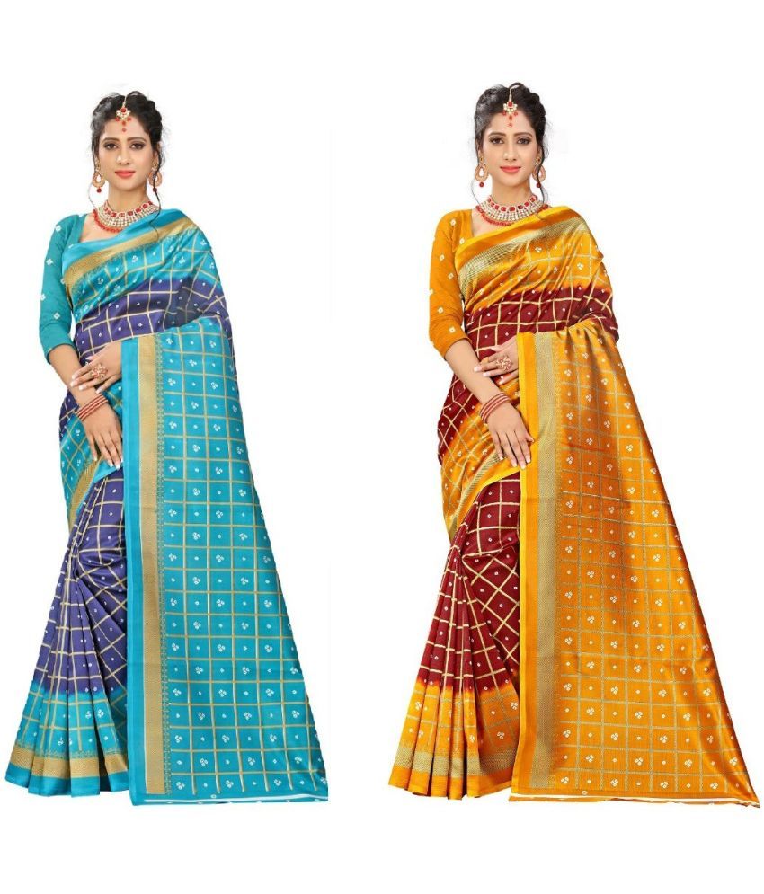     			Kanooda Prints Art Silk Printed Saree With Blouse Piece ( Multicolor , Pack of 2 )