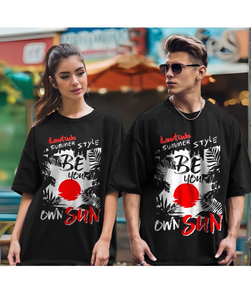     			Leotude Black Blended Oversized Fit Couple T-Shirt