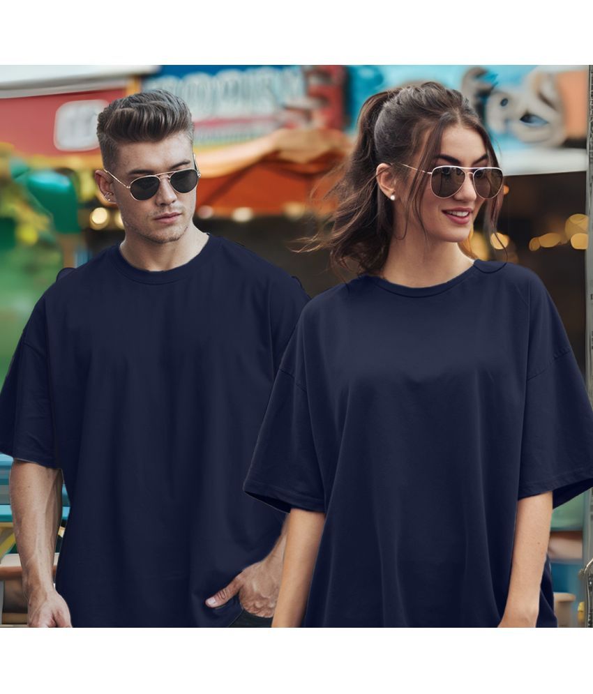     			Leotude Navy Blue Blended Oversized Fit Couple T-Shirt