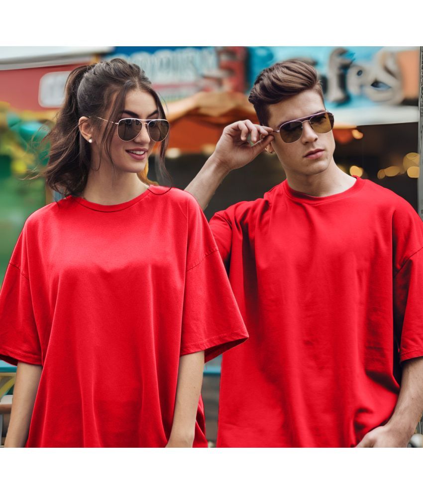     			Leotude Red Blended Oversized Fit Couple T-Shirt