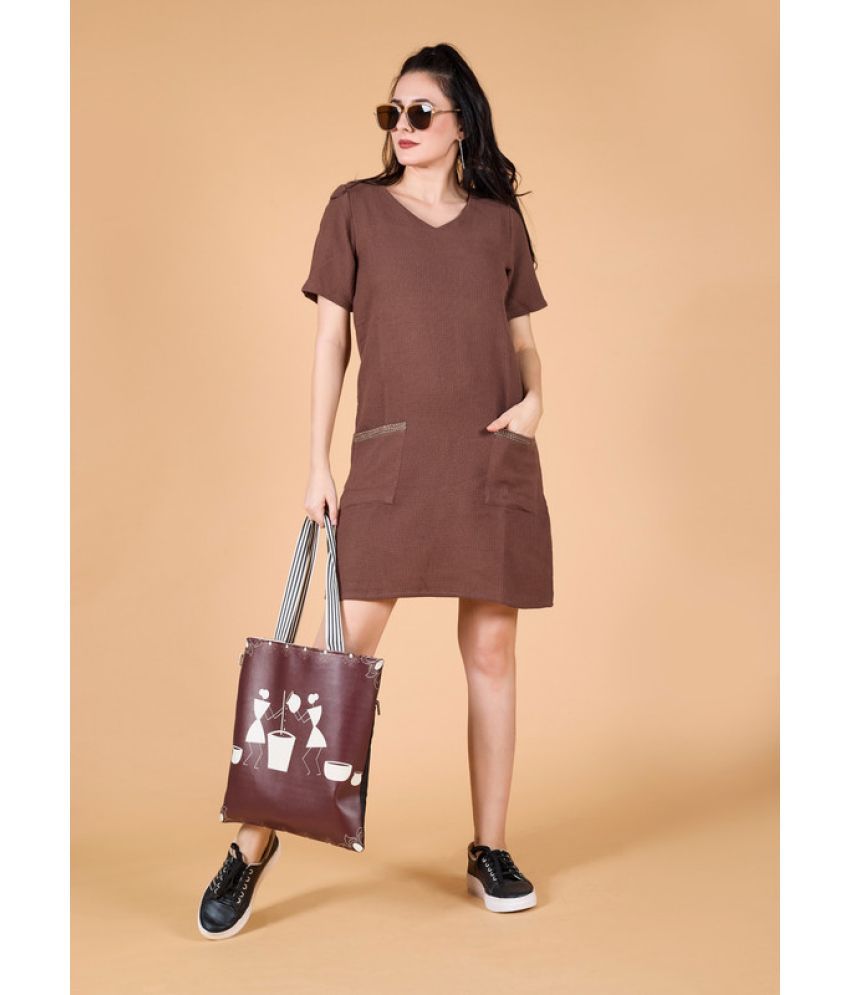     			Mantra Fashion Cotton Embroidered Knee Length Women's A-line Dress - Brown ( Pack of 1 )