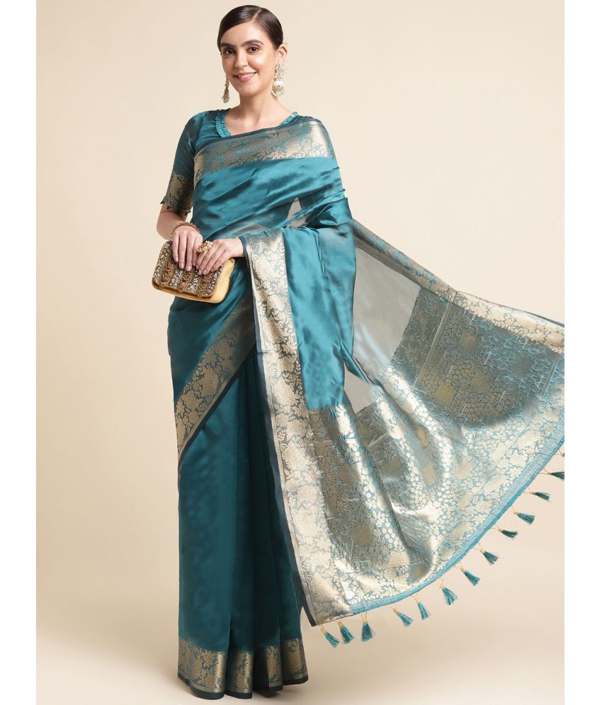     			Rekha Maniyar Silk Blend Woven Saree With Blouse Piece ( Teal , Pack of 1 )