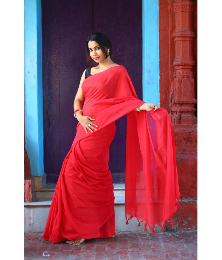     			SARADA HANDLOOM Cotton Solid Saree With Blouse Piece ( Red , Pack of 1 )