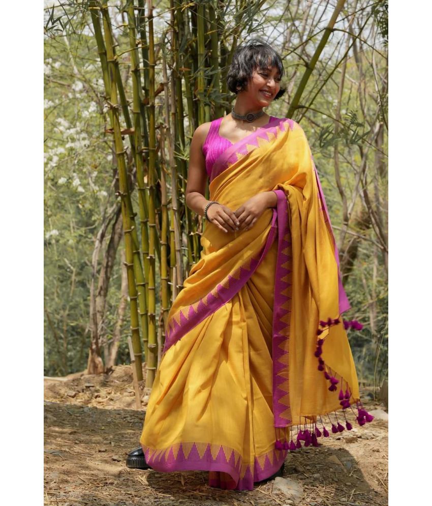     			SARADA HANDLOOM Cotton Solid Saree With Blouse Piece ( Yellow , Pack of 1 )