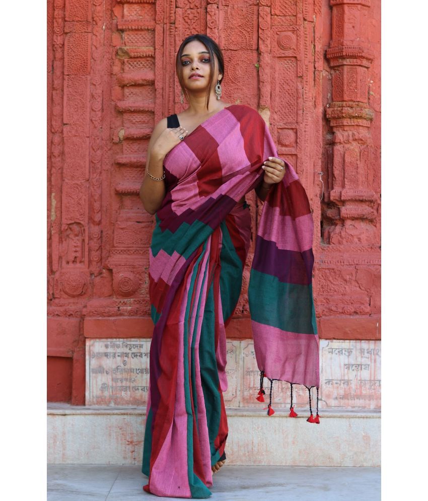     			SARADA HANDLOOM Cotton Striped Saree With Blouse Piece ( Multicolor , Pack of 1 )