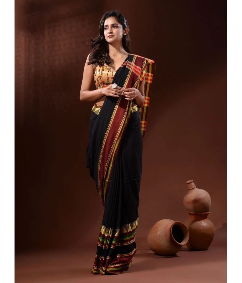     			SARADA HANDLOOM Cotton Striped Saree With Blouse Piece ( Black , Pack of 1 )