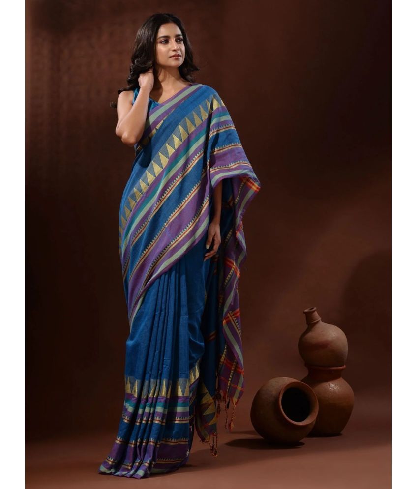     			SARADA HANDLOOM Cotton Striped Saree With Blouse Piece ( Blue , Pack of 1 )