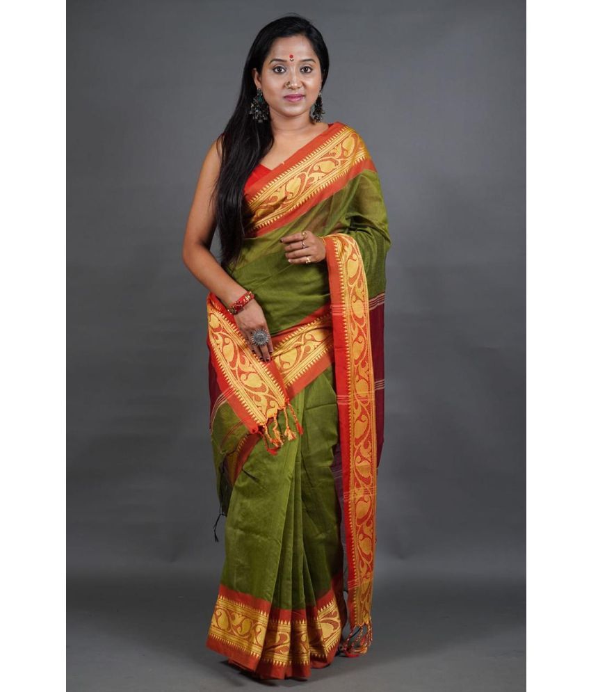     			SARADA HANDLOOM Cotton Woven Saree With Blouse Piece ( Green , Pack of 1 )